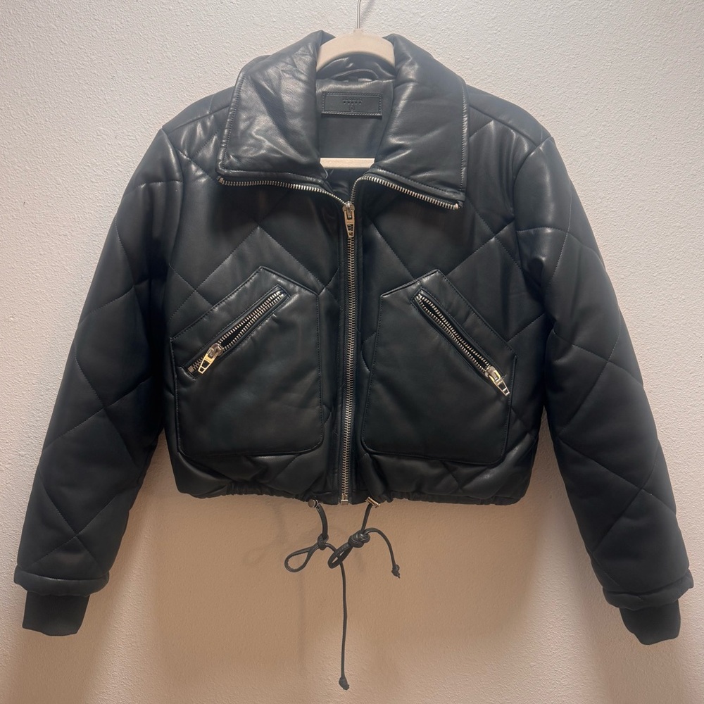 Black Quilted Faux Leather Bomber Jacket- BLANK NYC - Size Small EUC- Cropped